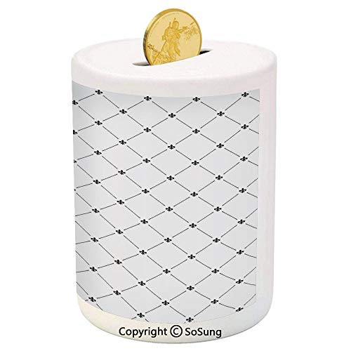 SoSung Fleur De Lis Decor Ceramic Piggy Bank,Shabby Chic Damask Pattern with Vintage Kitsch Geometric Diamond Lines 3D Printed Ceramic Coin Bank Money Box for Kids and Adults,Black White SoSung Fleur De Lis Decor Ceramic Piggy Bank,Shabby Chic Damask Pattern with Vintage Kitsch Geometric Diamond Lines 3D Printed Ceramic Coin Bank Money Box for Kids and Adults,Black White