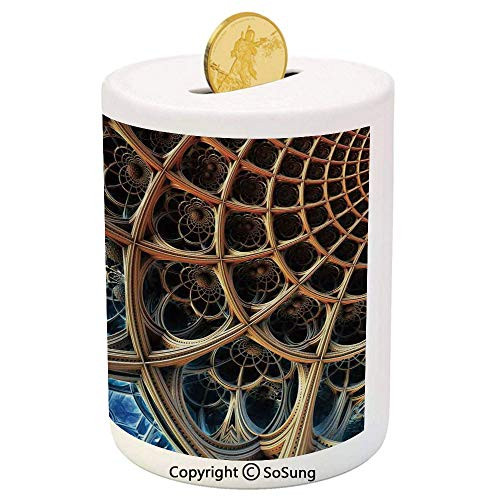 SoSung Fractal Ceramic Piggy Bank,Fantastic Dimensional Stripes Pattern with Retro Baroque Influences Robotic Design 3D Printed Ceramic Coin Bank Money Box for Kids  and  Adults,Golden Blue