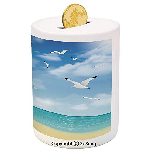 Beach Ceramic Piggy Bank,Realistic Illustration Lighthouse on Calm Seashore Flying Seagulls Ocean Scenery Decorative 3D Printed Ceramic Coin Bank Money Box for Kids and Adults,Vermilion Blue Beach Ceramic Piggy Bank,Realistic Illustration Lighthouse on Calm Seashore Flying Seagulls Ocean Scenery Decorative 3D Printed Ceramic Coin Bank Money Box for Kids and Adults,Vermilion Blue