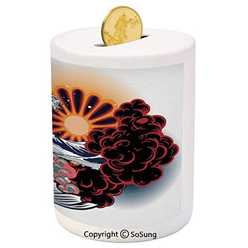 SoSung Tattoo Decor Ceramic Piggy Bank,Brave Native American Warrior Chief of Tribe with Noble White Horse Print 3D Printed Ceramic Coin Bank Money Box for Kids  and  Adults,Black and White