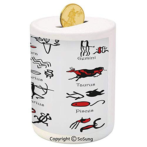 SoSung Astrology Ceramic Piggy Bank,African Tribal Ethnic Sketchy Design of Zodiac Signs Horoscope Image Decorative 3D Printed Ceramic Coin Bank Money Box for Kids  and  Adults,Red Black and White
