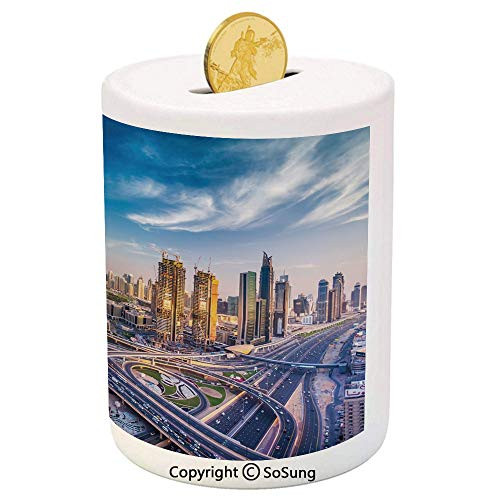 SoSung City Ceramic Piggy Bank,Panoramic View of Dubai Arabian Cityscape High Rise Buildings Traffic Roads 3D Printed Ceramic Coin Bank Money Box for Kids and Adults,Blue Ivory Marigold SoSung City Ceramic Piggy Bank,Panoramic View of Dubai Arabian Cityscape High Rise Buildings Traffic Roads 3D Printed Ceramic Coin Bank Money Box for Kids and Adults,Blue Ivory Marigold