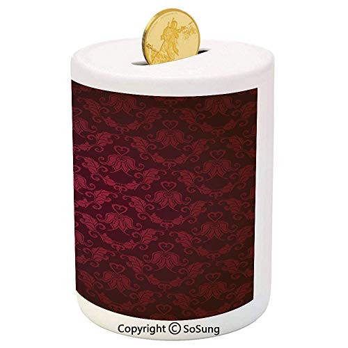 SoSung Maroon Ceramic Piggy Bank,Victorian Damask Pattern with Vignette Effect Royal Revival Ancient Rich Motifs Decorative 3D Printed Ceramic Coin Bank Money Box for Kids  and  Adults,Maroon Black