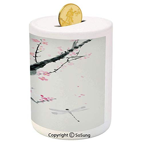 Dragonfly Ceramic Piggy Bank,Branch of a Pink Cherry Blossom Sakura Tree Bud and A Dragonfly Dramatic Artisan 3D Printed Ceramic Coin Bank Money Box for Kids  and  Adults,Pink Black Dragonfly Ceramic Piggy Bank,Branch of a Pink Cherry Blossom Sakura Tree Bud and A Dragonfly Dramatic Artisan 3D Printed Ceramic Coin Bank Money Box for Kids  and  Adults,Pink Black