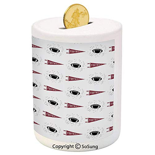 SoSung Football Ceramic Piggy Bank,Sports Symbols Pennants Balls with Retro Burst Effect Graphic Game Icons Decorative 3D Printed Ceramic Coin Bank Money Box for Kids  and  Adults,Maroon Black White