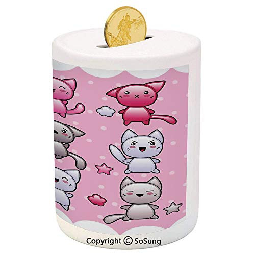 SoSung Anime Ceramic Piggy Bank,for Kids Cute Kitty Doodles with Emotions Funny Animal Theme Japanese Art Print 3D Printed Ceramic Coin Bank Money Box for Kids  and  Adults,Pink Blue Purple
