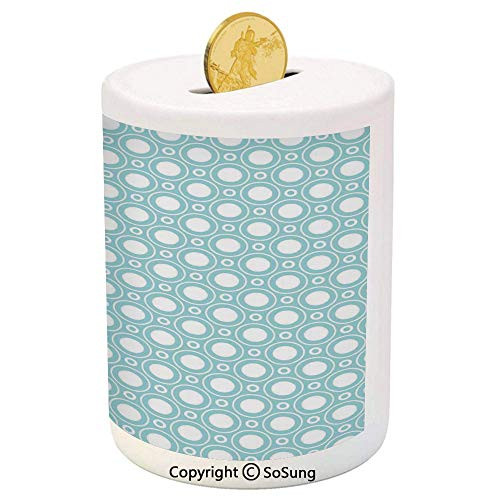 SoSung White Ceramic Piggy Bank,Graphic Design Detailed Drawings Curvy Rounded Circular Flowers Leaves Wildlife 3D Printed Ceramic Coin Bank Money Box for Kids  and  Adults,Light Blue White