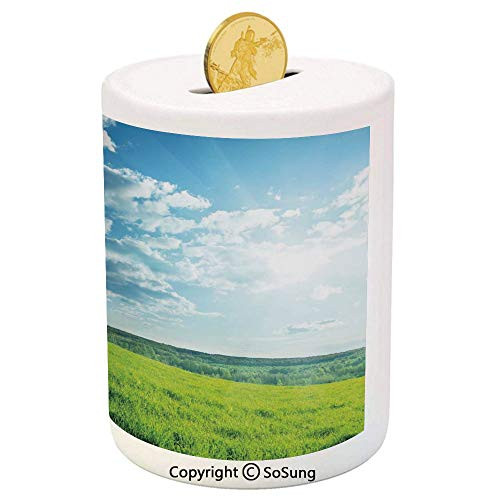 Nature Ceramic Piggy Bank,Refreshing Meadow Valley Under Cloud Sun Sky Spring Grass Country Image 3D Printed Ceramic Coin Bank Money Box for Kids  and  Adults,Lime Green Light Blue