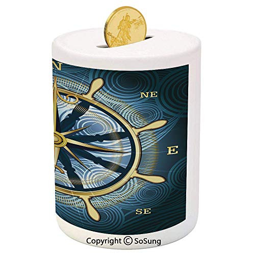 SoSung Compass Ceramic Piggy Bank,Navigation Golden Compass with Windrose and Helm on a Wavy Backdrop Maritime Decorative 3D Printed Ceramic Coin Bank Money Box for Kids  and  Adults,Yellow Navy Blue