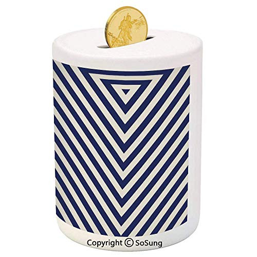 SoSung Navy Blue Decor Ceramic Piggy Bank,Pattern with Geometric Triangle Like Striped Designed Artwork 3D Printed Ceramic Coin Bank Money Box for Kids and Adults,Dark Blue and White SoSung Navy Blue Decor Ceramic Piggy Bank,Pattern with Geometric Triangle Like Striped Designed Artwork 3D Printed Ceramic Coin Bank Money Box for Kids and Adults,Dark Blue and White