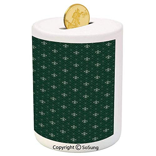 SoSung Fleur De Lis Ceramic Piggy Bank,Ancient Baroque Pattern Medieval French Motifs Royal Ornate Classic Decorative 3D Printed Ceramic Coin Bank Money Box for Kids  and  Adults,Hunter and Sage Green