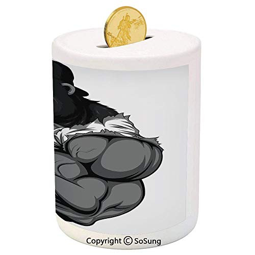 SoSung Cartoon Decor Ceramic Piggy Bank,Illustration of Big Gorilla Like as Professional Athlete Bodybuilding Gym Animal 3D Printed Ceramic Coin Bank Money Box for Kids  and  Adults,Black White Grey SoSung Cartoon Decor Ceramic Piggy Bank,Illustration of Big Gorilla Like as Professional Athlete Bodybuilding Gym Animal 3D Printed Ceramic Coin Bank Money Box for Kids  and  Adults,Black White Grey