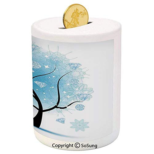SoSung Tree Ceramic Piggy Bank,Fairy Floral Winter Tree with Diamond Leaves on Branches Digital Prints Decorative 3D Printed Ceramic Coin Bank Money Box for Kids and Adults,Blue Black SoSung Tree Ceramic Piggy Bank,Fairy Floral Winter Tree with Diamond Leaves on Branches Digital Prints Decorative 3D Printed Ceramic Coin Bank Money Box for Kids and Adults,Blue Black