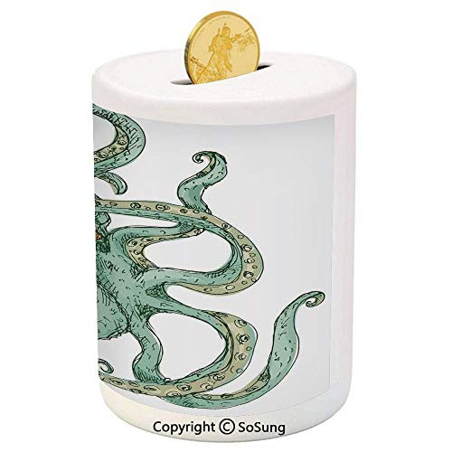 Octopus Decor Ceramic Piggy Bank,Cartoon Hipster Octopus with Hat Sketch Art Illustration Sea Creature Retro Style Decor 3D Printed Ceramic Coin Bank Money Box for Kids  and  Adults,White Green