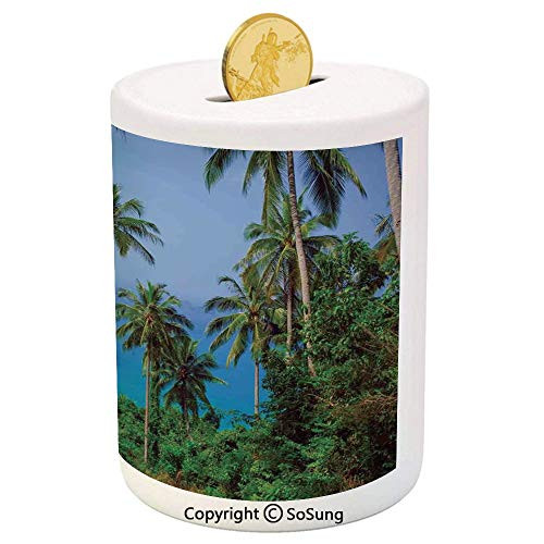 SoSung Palm Tree Decor Ceramic Piggy Bank,Ocean Scene from Jungle Tropical Beauty Natural Paradise in Nature Theme 3D Printed Ceramic Coin Bank Money Box for Kids  and  Adults,Blue Green SoSung Palm Tree Decor Ceramic Piggy Bank,Ocean Scene from Jungle Tropical Beauty Natural Paradise in Nature Theme 3D Printed Ceramic Coin Bank Money Box for Kids  and  Adults,Blue Green