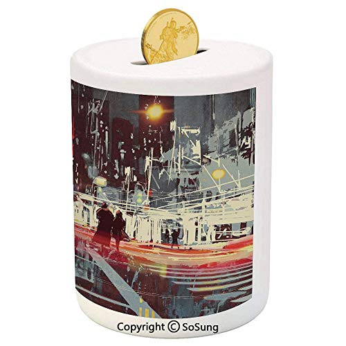 SoSung Modern Ceramic Piggy Bank,Urban City Streets at Gloomy Night with People Downtown Dramatic Illustration 3D Printed Ceramic Coin Bank Money Box for Kids and Adults,Red Blue Grey SoSung Modern Ceramic Piggy Bank,Urban City Streets at Gloomy Night with People Downtown Dramatic Illustration 3D Printed Ceramic Coin Bank Money Box for Kids and Adults,Red Blue Grey