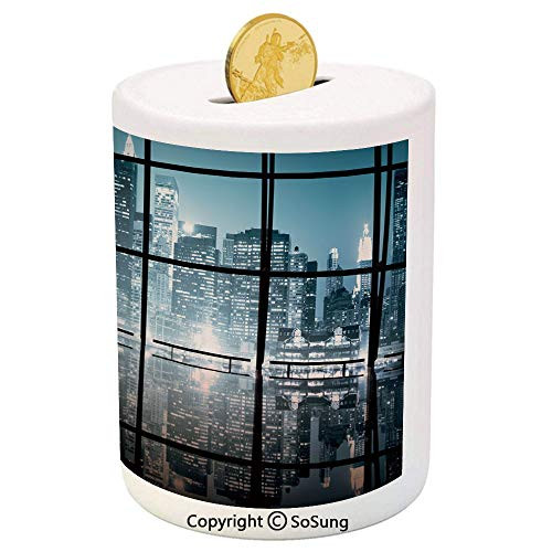 SoSung Modern Decor Ceramic Piggy Bank,Modern New York City Scenery at Night with Skyscrapers Buildings 3D Printed Ceramic Coin Bank Money Box for Kids and Adults,Black and Dark Blue SoSung Modern Decor Ceramic Piggy Bank,Modern New York City Scenery at Night with Skyscrapers Buildings 3D Printed Ceramic Coin Bank Money Box for Kids and Adults,Black and Dark Blue
