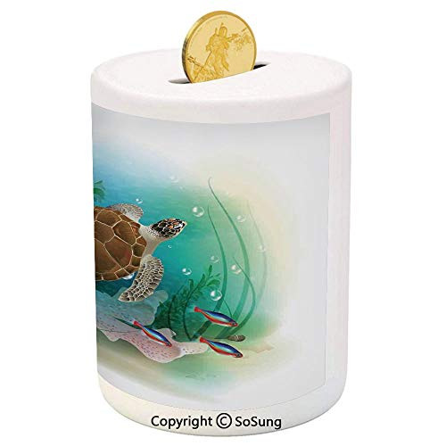 SoSung Ocean Decor Ceramic Piggy Bank,Sea Turtle Swims in The Ocean Tropical Underwater World Aquarium Illustration Print 3D Printed Ceramic Coin Bank Money Box for Kids  and  Adults,Green Brown SoSung Ocean Decor Ceramic Piggy Bank,Sea Turtle Swims in The Ocean Tropical Underwater World Aquarium Illustration Print 3D Printed Ceramic Coin Bank Money Box for Kids  and  Adults,Green Brown
