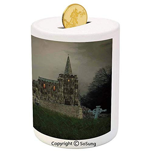 SoSung Gothic Decor Ceramic Piggy Bank,Old Village and Graves with Medieval Castle and Full Moon Birds Fog Horror Story Art 3D Printed Ceramic Coin Bank Money Box for Kids  and  Adults,Beige Green