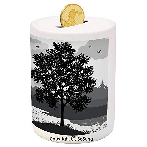 Apartment Decor Ceramic Piggy Bank,Nature Theme Landscape with Trees Birds a Cloudy Sky and The River 3D Printed Ceramic Coin Bank Money Box for Kids and Adults,Black and Grey Apartment Decor Ceramic Piggy Bank,Nature Theme Landscape with Trees Birds a Cloudy Sky and The River 3D Printed Ceramic Coin Bank Money Box for Kids and Adults,Black and Grey