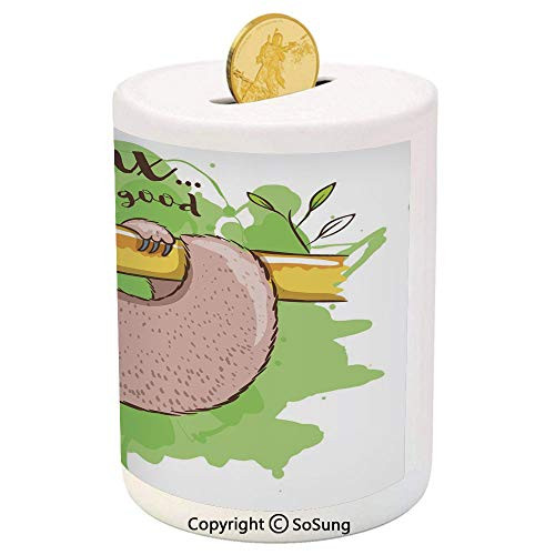 SoSung Sloth Ceramic Piggy Bank,Relax Life is Good Inspirational Illustration of Tropical Mammal on Tree Branch Decorative 3D Printed Ceramic Coin Bank Money Box for Kids  and  Adults,Green Tan Yellow SoSung Sloth Ceramic Piggy Bank,Relax Life is Good Inspirational Illustration of Tropical Mammal on Tree Branch Decorative 3D Printed Ceramic Coin Bank Money Box for Kids  and  Adults,Green Tan Yellow