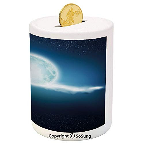 SoSung Dark Blue Ceramic Piggy Bank,Full Moon with Clouds and Stars Majestic Sky at Night Foggy Lunar 3D Printed Ceramic Coin Bank Money Box for Kids  and  Adults,Dark Blue Light Blue White