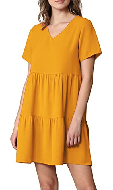 LL WDR2354 Women Short Sleeve Tunic Dress V Neck Casual Loose Flowy Swing Shift Dresses L Mustard LL WDR2354 Women Short Sleeve Tunic Dress V Neck Casual Loose Flowy Swing Shift Dresses L Mustard
