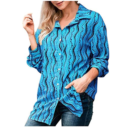 Shirts for Women Long Sleeve T Shirt Women Casual Button V Neck Vintage Print Tunic Tops Loose Blouse Plus Size Shirts COOKI Blue