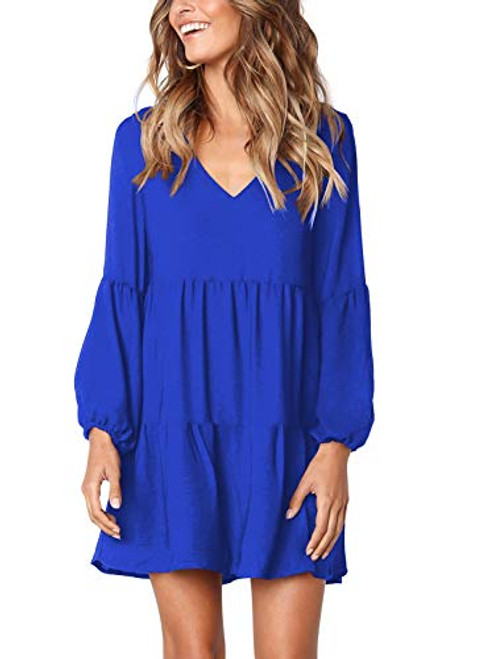 Arolina Women's Long Sleeve Tunic Dress V Neck Casual Loose Fall Flowy Swing Shift Dresses Blue