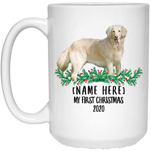 Funny Personalized Name Flat Coated Retriever Yellow First Christmas 2020 White Coffee Mug 15 oz