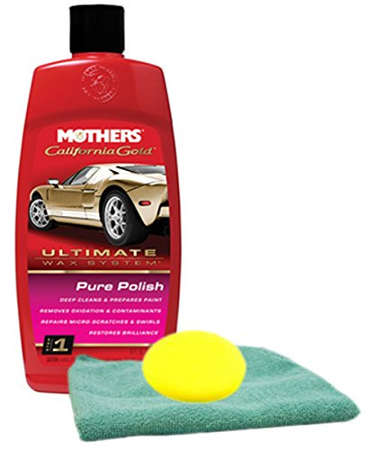Mothers California Gold Pure Polish Pre Wax Cleaner -16 oz- Bundle with Microfiber Cloth  and  Foam Pad -3 Items-