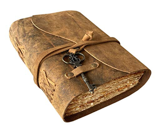 Key Leather Journal-Leather Bound Journal for Him Her-Leather Sketchbook - Book of Shadows Vintage Journal Blank Notebook-Handmade Antique Deckle Edge 200 Paper -Brown 7 X 5 inches-