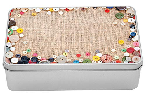 Lunarable Vintage Metal Box, Buttons Group Design Texture Canvas Sewing Needlecraft Contemporary Picture, Multi-Purpose Rectangular Tin Box Container with Lid, 7.2" X 4.7" X 2.2", Pale Brown