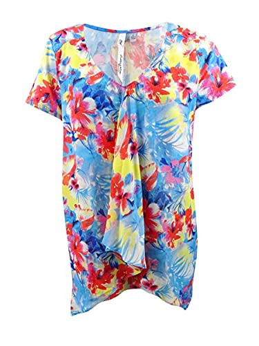 NY Collection Womens Plus Matte Jersey Floral Print Pullover Top Blue 1X