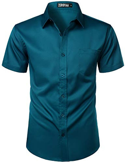 ZEROYAA Men's Casual Urban Stylish Slim Fit Short Sleeve Button Up Dress Shirt with Pocket ZLSC15 Teal Large