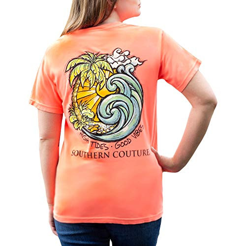 High Tides Good Vibes Neon Red Orange Cotton Fabric Comfort T-Shirt Small