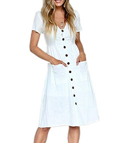 Mai Poetry Women's Short Sleeve V Neck Button Down Swing Midi Dress with Pockets -Large, White-