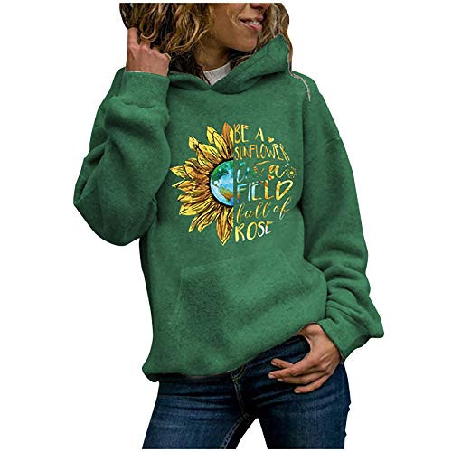 Tuuu Women's Hoodies Long Sleeve Sweatshirt Sunflower Print Drawstring Pullover Tops Loose Thick Sweatshirt Green