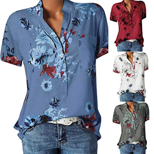 Aukbays Womens Short Sleeve Tops Women's Shirts Casual Blouse Short Sleeve Ruffle Button Up Tunic Tops Solid Color Fit Flare Blue