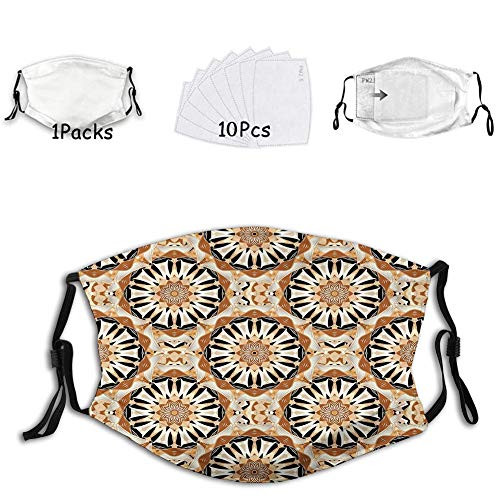 Comfortable Activated carbon mask Facial decorations for adults 1 mask with 10 filters Tan and Brown,Oriental Style Figure with Traditional Elements Mandala Inspired Floral,Tan Brown Black