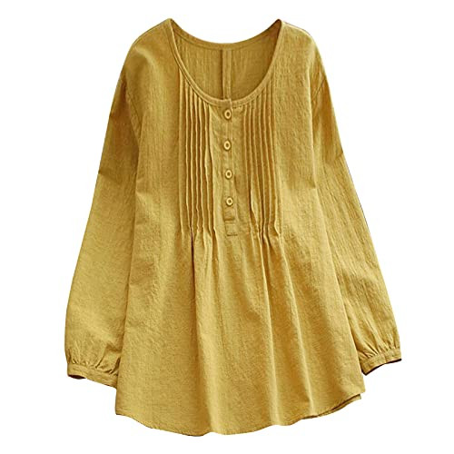 Reokoou Women's Plus Size T Shirts V Neck Button Up Tunic Tops Casual Loose Long Sleeve Flowy Blouse Shirts Yellow