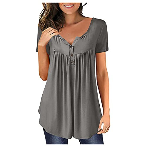 Hotkey Womens Summer Tops, Short Sleeve Tops V Neck Button up Shirts for Women Pleated Solid Tee Casual Tunic Blouse T-Shirt