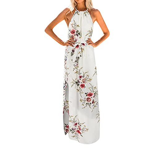 Womens Summer Boho Dresses Casual Halter Maxi Dress Evening Party Beach Floral Long Dress with Slit White Womens Summer Boho Dresses Casual Halter Maxi Dress Evening Party Beach Floral Long Dress with Slit White