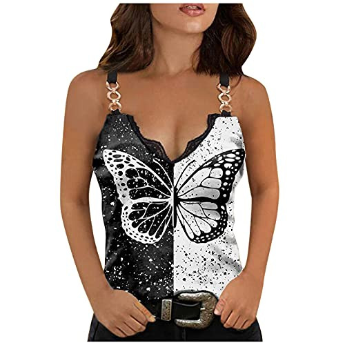 Yuanjay Women Tops Summer V-Neck Halter String Print Sleeveless Lace T-Shirt Slim Blouse Cami Bodycon Tank Top Black XXL