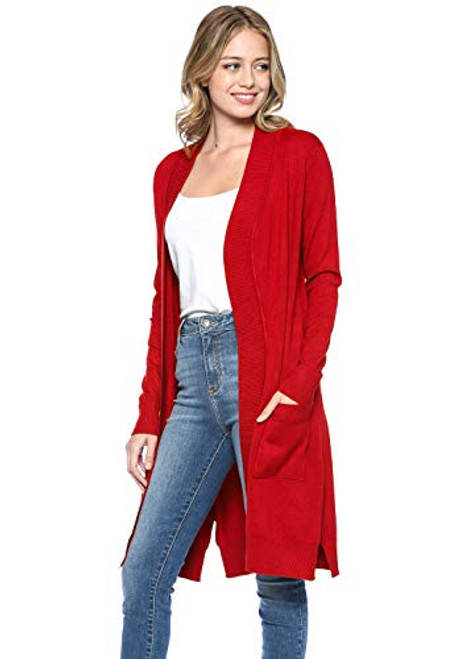 Urban Look Women's Long Sleeve Classic Open Front Knit Long Cardigan -Large, Red-