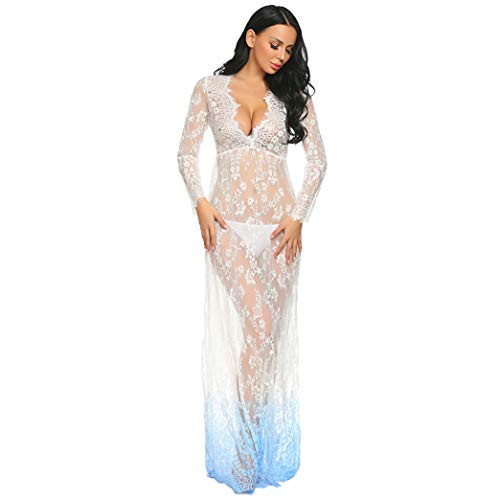 COSYOU Sexy Deep V-Neck Long Sleeve Lace Dress Beach Maxi Dress Photography Dress for Photo Shoot Party Dress -M, White Blue-
