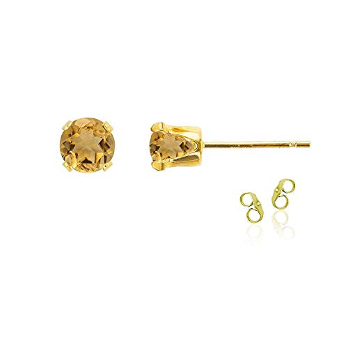 14K Yellow Gold Plated 925 Sterling Silver 5mm Round Natural Citrine November Birthstone Stud Earrings