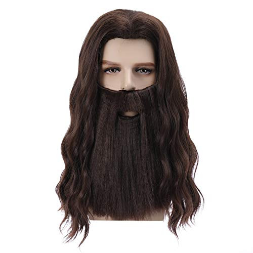 BERON Mens Brown Wigs Long Curly Hair Wig With Mustache Heat Resistant Synthetic Wig Halloween Cosplay Costume Party Daily Wigs