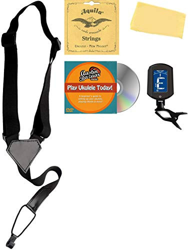 Tenor Ukulele Accessory Bundle with Aquila Strings, Clip-On Tuner, Strap, Fender Play Online Lessons, Austin Bazaar Instructional DVD, and Polishing Cloth