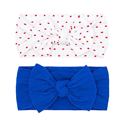 Baby Bling Bows Newborn to Little Girls Hair Bow - Shabby Dot and Classic Knot Headbands Toddlers Hair Accessories, One Size -2 Pack - White with Red Dot and Royal-